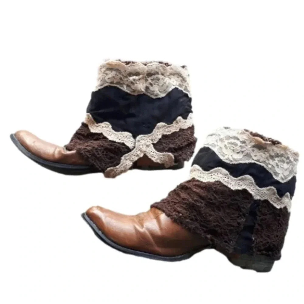 Boho Cowboy Boots 10 Custom Detailed Lace Tan Brown Black